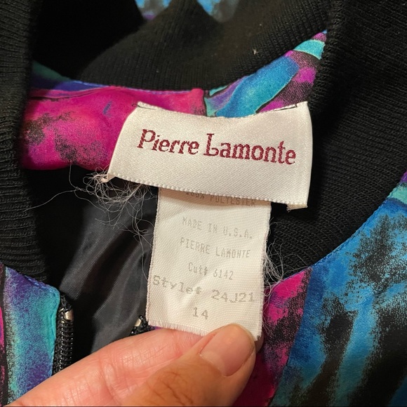 Vintage 80’s Pierre Lamonte ZipUp Abstract Jacket Black Pink Blue Large - Picture 4 of 5